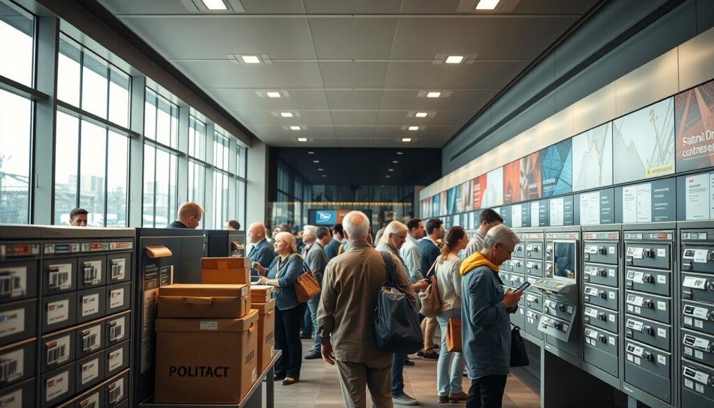 A bustling postal office scene, with a hybrid of traditional mailboxes and futuristic digital interfaces. In the foreground, a variety of package delivery options are displayed, their labels and barcodes blending seamlessly. The middle ground features a diverse group of patrons, from elderly citizens to tech-savvy millennials, interacting with the hybrid postal systems. In the background, a sleek, modernist architecture frames the scene, with large windows allowing natural light to filter in, creating a bright and airy atmosphere. The lighting is soft and diffused, lending a sense of tranquility to the dynamic setting. The camera angle is slightly elevated, providing a comprehensive view of the hybrid postal ecosystem and its key stakeholders.