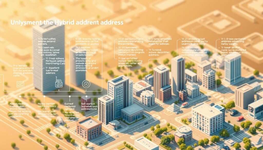 A detailed timeline illustration showcasing the phased implementation of a hybrid postal address system. In the foreground, a series of interconnected icons and timelines depict the key milestones, from infrastructure upgrades to user adoption. The middle ground features a clean, isometric city landscape with a mix of modern and legacy buildings, representing the coexistence of traditional and digital addressing. The background bathes the scene in a warm, amber-toned lighting, conveying a sense of progress and innovation. The overall composition strikes a balance between technical precision and a visually compelling, infographic-style aesthetic.