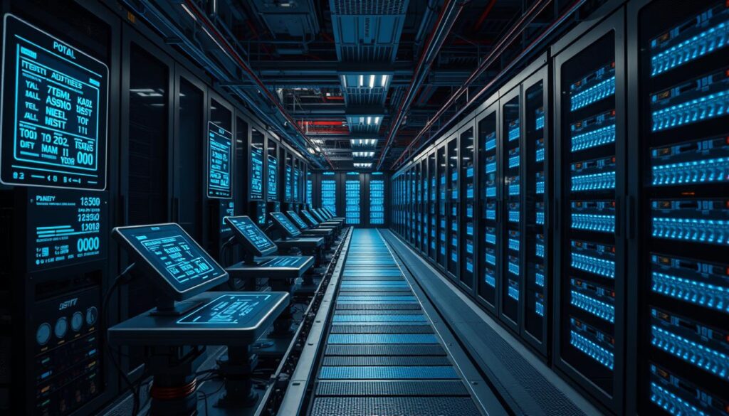 A futuristic data center with a hybrid postal address system. In the foreground, holographic data terminals display detailed address information with 3D visuals. In the middle ground, robotic arms sort and redirect mail packages using an interconnected network of conveyor belts. In the background, rows of server racks process address data with glowing blue status lights. Soft, directional lighting casts an atmospheric glow, while a high-contrast, cinematic angle emphasizes the scale and complexity of the system. The overall mood is one of efficient, high-tech infrastructure powering the next generation of hybrid address solutions.