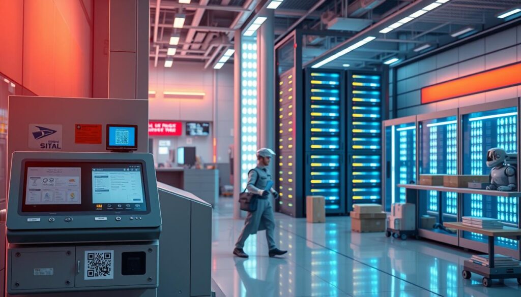 A futuristic postal office, with a blend of physical and digital infrastructure. In the foreground, an automated kiosk with touchscreen interfaces and QR code scanners, facilitating hybrid payment and address verification options. The middle ground features robotic couriers sorting and delivering packages, while in the background, a towering data center with glowing server racks, symbolizing the integration of technology into the postal ecosystem. The scene is bathed in a warm, futuristic glow, conveying a sense of innovation and efficiency in the hybrid postal address solutions.