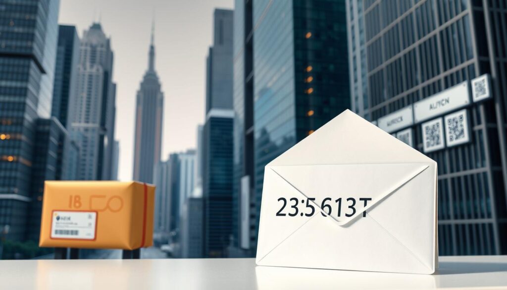 A modern hybrid postal address system, with a blend of traditional elements and digital innovations. In the foreground, a stylized envelope showcases a unique address format, combining numeric, alphabetic, and symbolic components. The middle ground features a futuristic parcel with integrated digital tags, hinting at the integration of physical and virtual address elements. The background depicts a cityscape with towering skyscrapers, their facades adorned with QR codes and smart address panels, reflecting the evolution of urban infrastructure to support these hybrid address systems. The lighting is crisp and clean, emphasizing the technological advancements, while the overall mood conveys a sense of progress and efficiency in the modern postal ecosystem.
